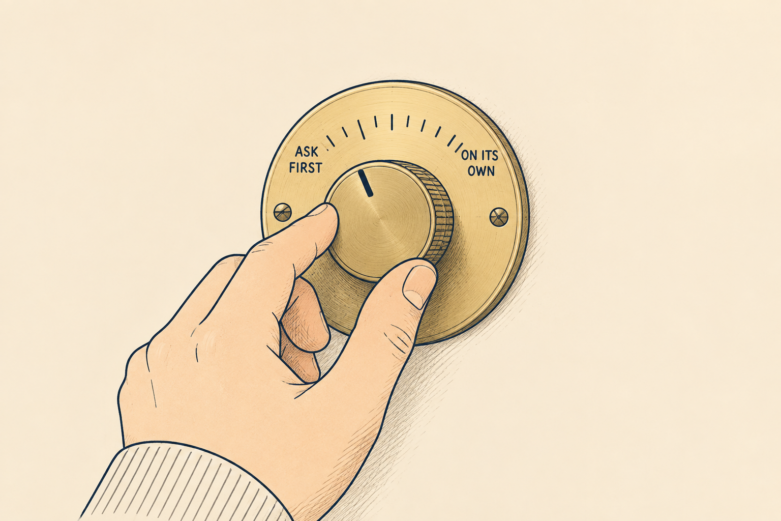 A hand turning a brass dial on an office wall, its scale running from ASK FIRST to ON ITS OWN.